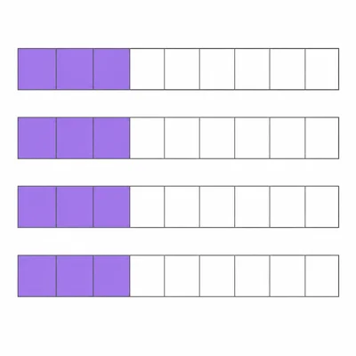 Four fraction bars each divided into tenths with three parts shaded.