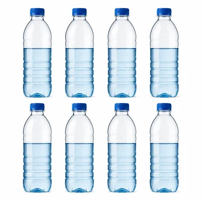 Eight water bottles each filled to about three fifths.