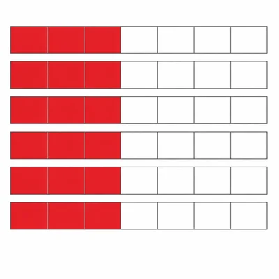 Seven fraction bars each divided into eighths with three parts shaded.