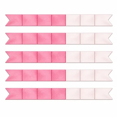Five ribbon strips each showing four sevenths highlighted.