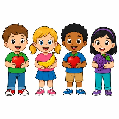 Four children holding an apple, a banana, an apple, and grapes.