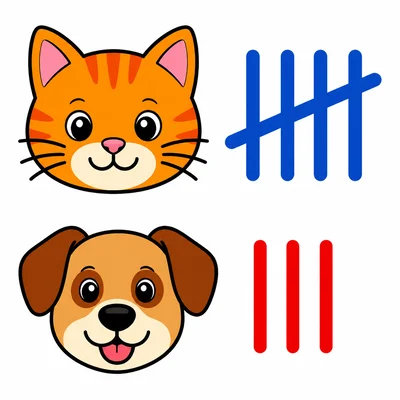 A cat with five tally marks and a dog with three tally marks.