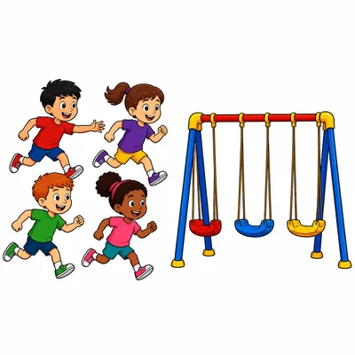 Four children playing tag and four swings.