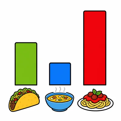 A bar graph with taco, soup, and pasta, where soup has the shortest bar.