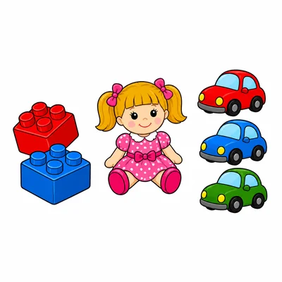Two blocks, one doll, and three toy cars.