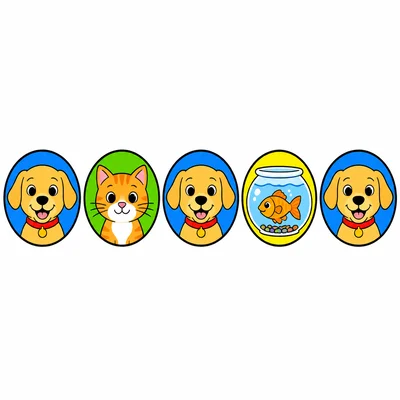 A row of pet icons showing dog, cat, dog, fish, and dog.
