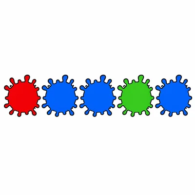 Five color spots: red, blue, blue, green, and blue.