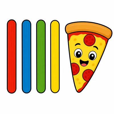 Four tally marks beside a slice of pizza.