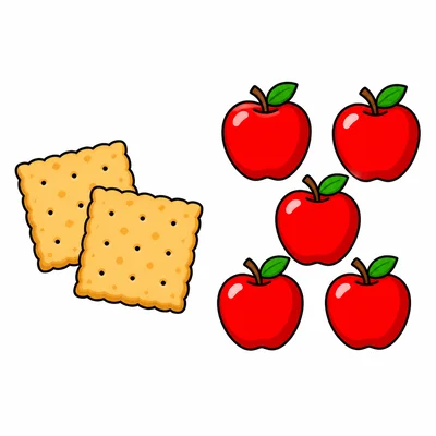 Two crackers in one group and five apples in another group.
