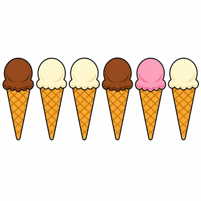 Six ice cream cones in chocolate, vanilla, vanilla, chocolate, strawberry, and vanilla flavors.