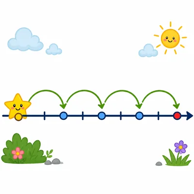 A number line showing four equal jumps forward from a starting point.