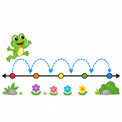 A number line showing equal forward hops across five points.