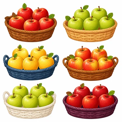 Six separated baskets, each holding five apples.
