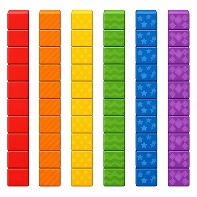 Six stacks of ten colorful blocks.