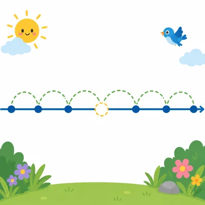 A number line with equal hops and one highlighted missing position.