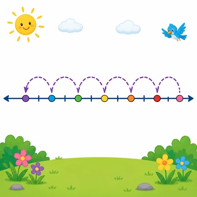 A number line showing equal backward jumps to the left.
