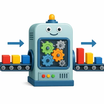 A number machine with blocks entering, gears inside, and blocks exiting to show input-output rules.