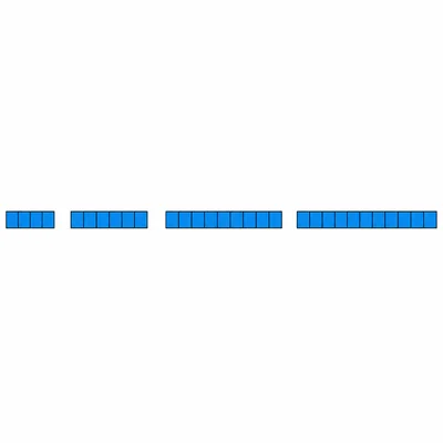 Four groups of square tiles increasing from four tiles to seven, ten, and thirteen tiles.