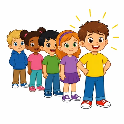 Five children standing in a line with the front child highlighted