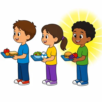 Three children in a lunch line with the third child highlighted