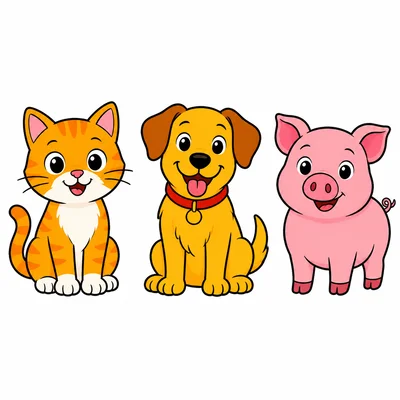A cat, a dog, and a pig shown in order