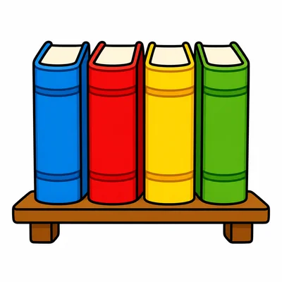 Four books on a shelf with the second book colored red
