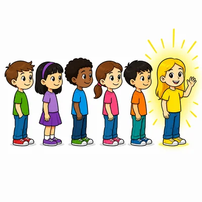 Six students in a line with the last student highlighted
