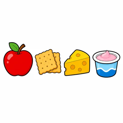 An apple, crackers, cheese, and yogurt shown in order