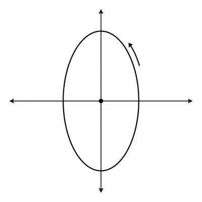 Vertical ellipse centered at the origin with a counterclockwise motion arrow.