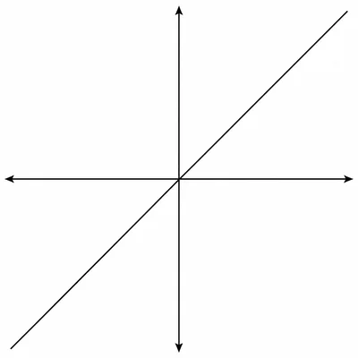 Diagonal line through the origin rising at a forty-five degree angle.