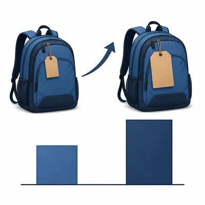 A backpack shown with an upward arrow and a larger price tag to represent a price increase.