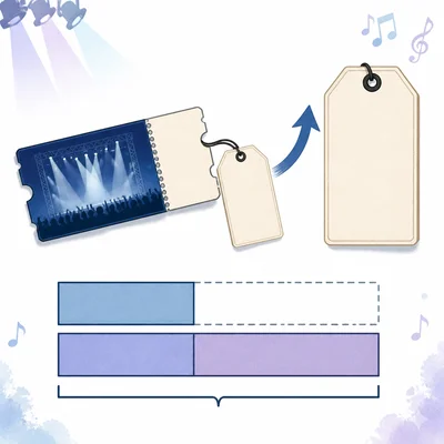 A concert ticket with an upward arrow and larger price tag to show a price increase.