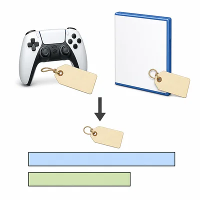 A video game item with a downward arrow and smaller price tag to show a discount.