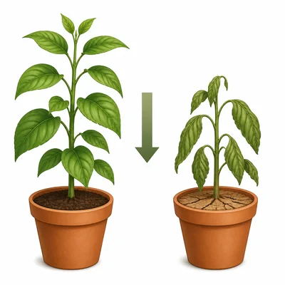 A healthy taller plant changes to a shorter drooping plant with a downward arrow.