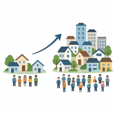 A town with fewer people and houses grows into a larger town with more people and houses.