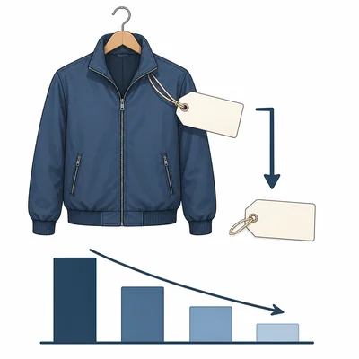 A jacket with a downward arrow and smaller price tag to show a sale discount.