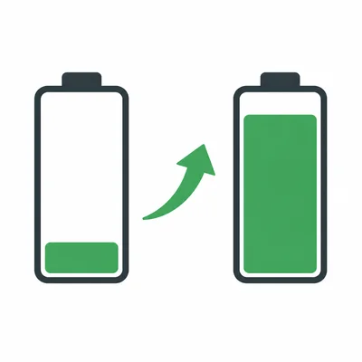 A phone battery changes from low charge to higher charge with an upward arrow.
