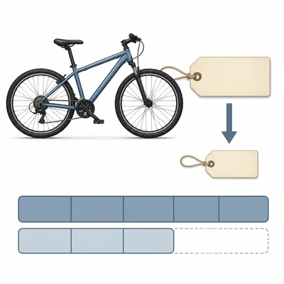 A bicycle shown with a downward arrow and smaller price tag to represent a discount.