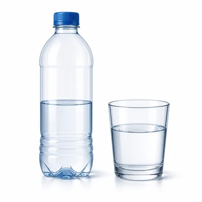 A water bottle half full with a glass of water beside it.