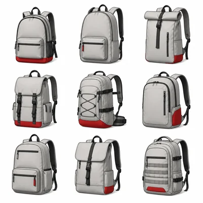 A grid of backpacks with a small portion colored red and the rest neutral colored.