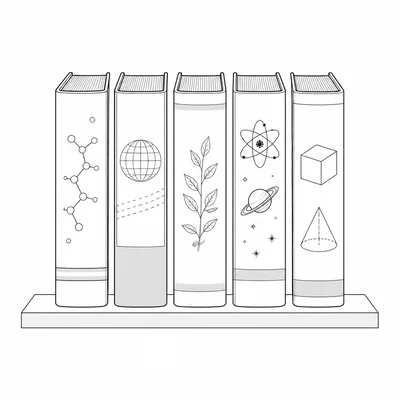 Five different books arranged in a row on a shelf.