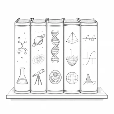 Three science-themed books and two math-themed books arranged on a shelf.