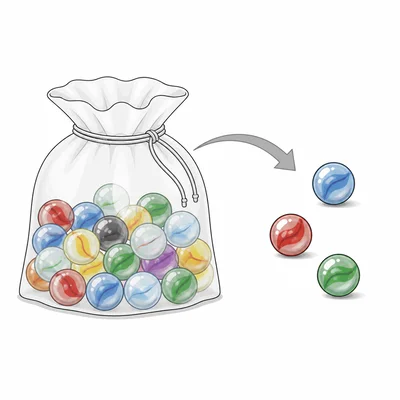 Three marbles selected from a bag of different colored marbles.