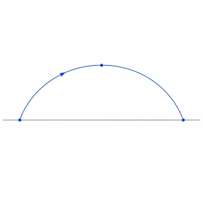 One cycloid arch with three marked points and an arrow showing motion from left to right.