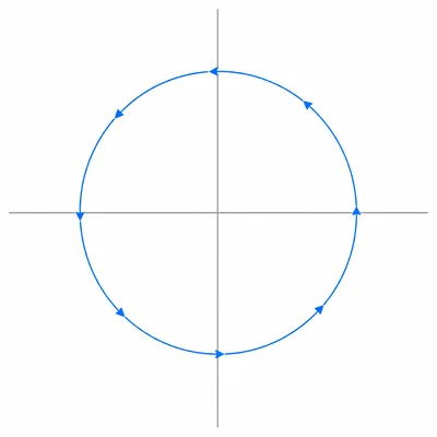A circle centered on unlabeled axes with arrows showing counterclockwise motion.