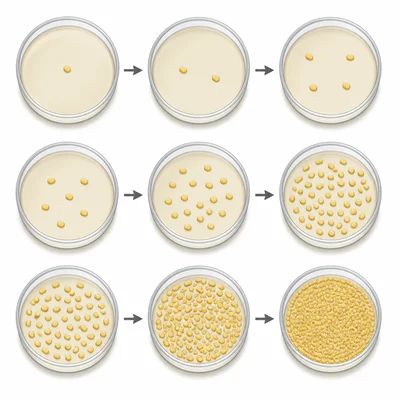 A sequence of petri dishes showing bacteria cells doubling into a larger population.