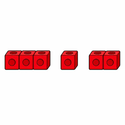 Three groups of counting cubes showing three cubes, one cube, and two cubes.