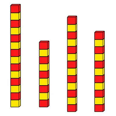 Four block towers with fourteen, ten, thirteen, and eleven blocks.