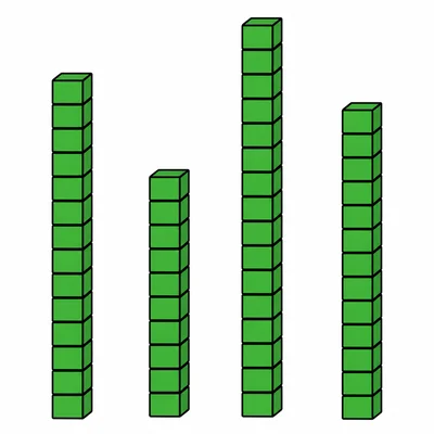 Four block towers with sixteen, twelve, eighteen, and fifteen blocks.