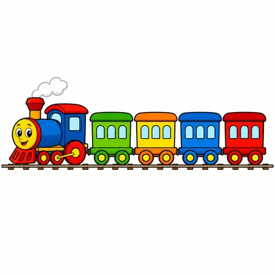 A cartoon train with four connected train cars.